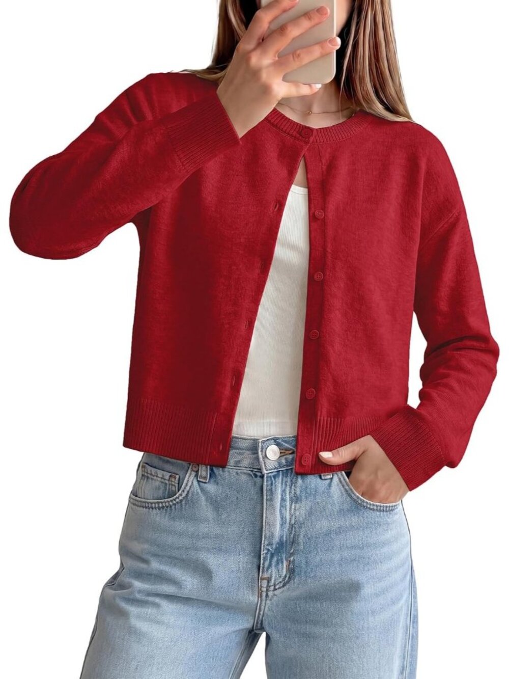 🆕Women's Red Cropped Knit Cardigan Sweater Crew Neck Button Front Jacket